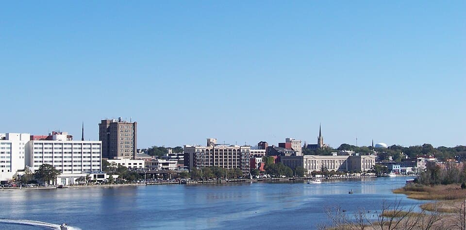 Wilmington, North Carolina downtown skyline along the Cape Fear River, where the Medici mixed-use project was denied