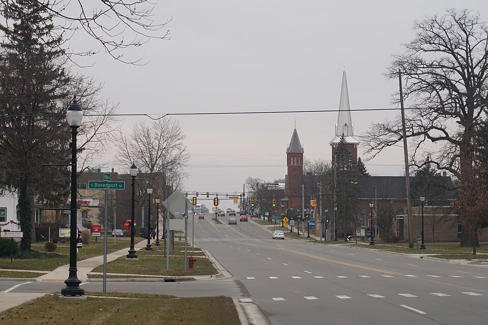Michigan Avenue in Saline, Michigan — near the 575-acre Saline Township farmland site proposed for the Oracle/OpenAI Stargate data center campus