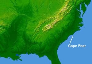 Topographic map of the Cape Fear region near Wilmington, North Carolina — where a townhome rezoning was denied after neighbor opposition