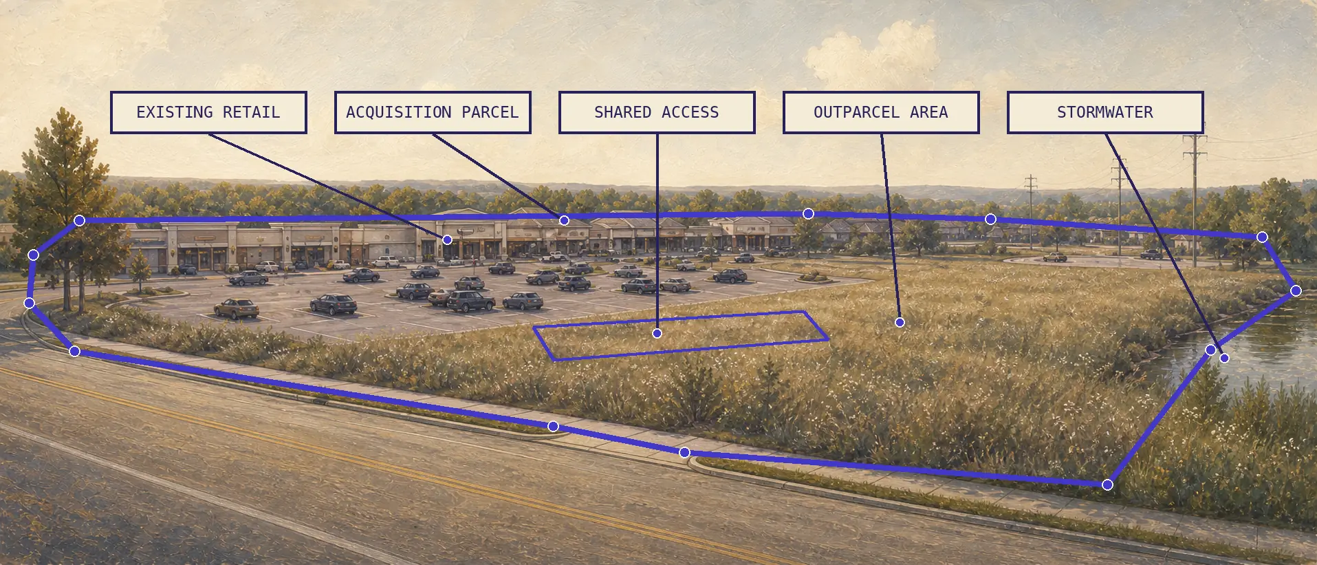 Parcel evidence, access, frontage, utilities, and adjoining uses labeled
