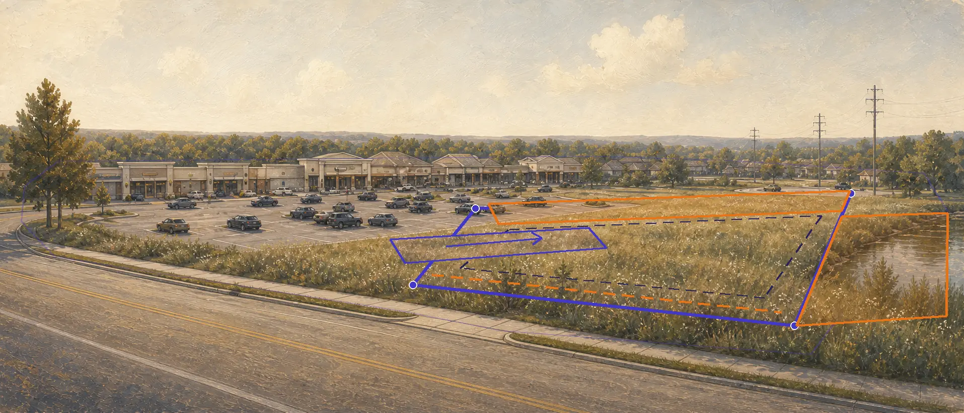 Setback, access, stormwater, buffer, and buildable-area constraints drawn on the site